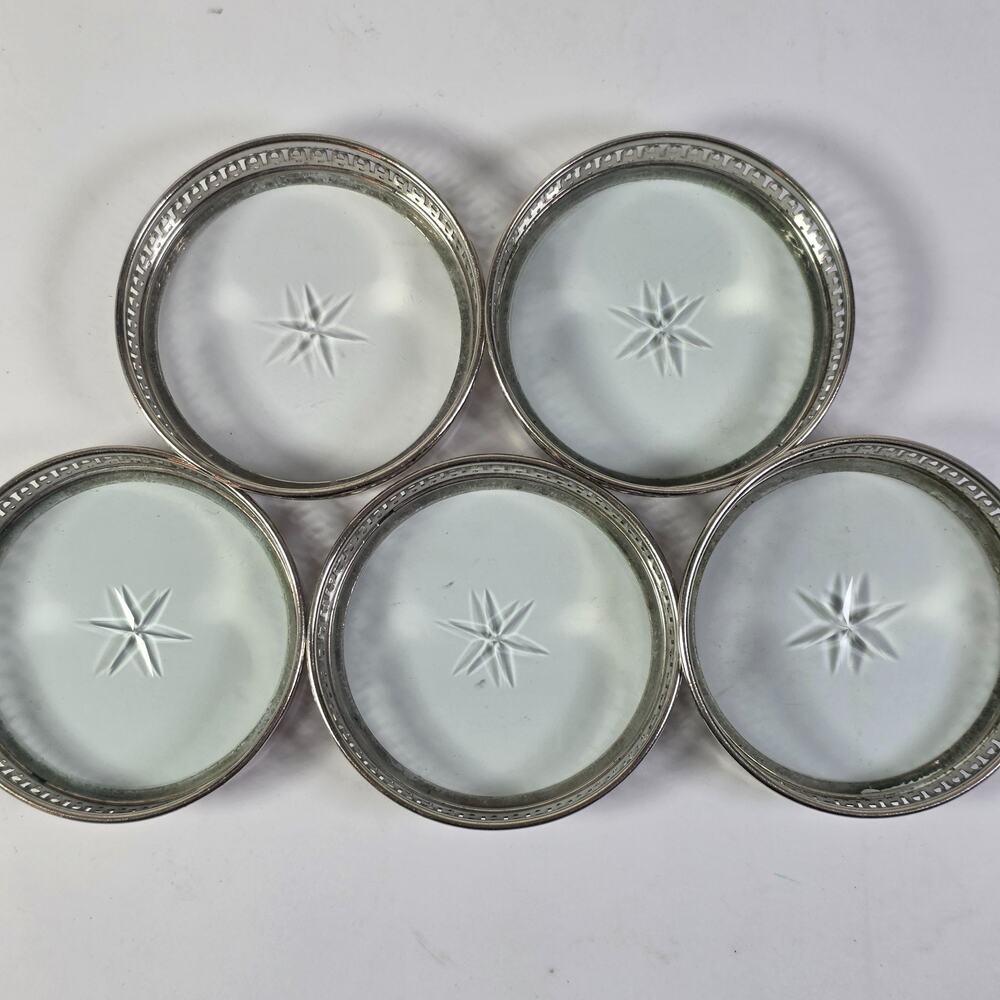Vintage Manning Bowman MCM Glass Coasters Set of 5 Silverplate Starburst USA - Picture 2 of 10